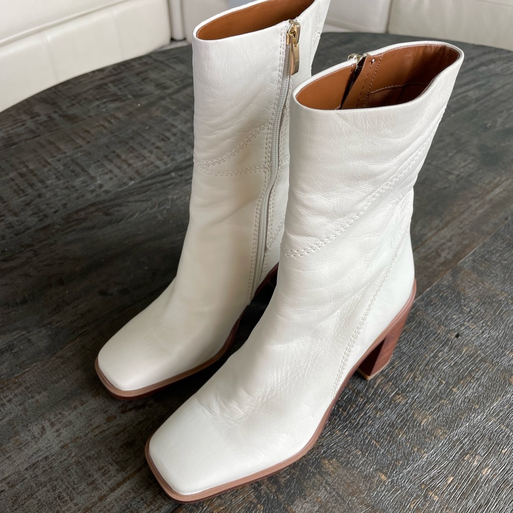 Franco Sarto Stevie Mid Calf Boot | White Leather | Never Been Worn in Orgnl Box